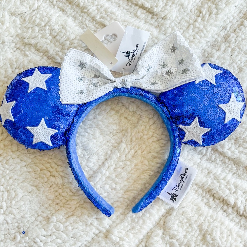 Disney Parks Minnie Mouse Patriotic Ears blue glitz with stars and bow BNWT